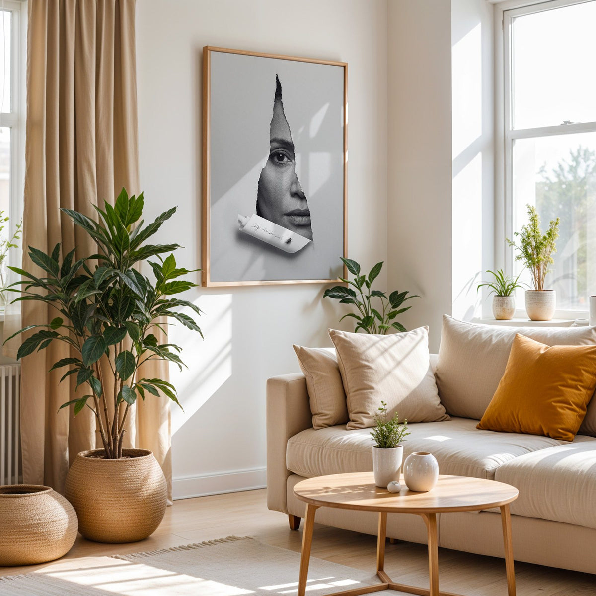 Half face behind torn grey paper slit print in an oak frame above a cream sofa beside woven planters