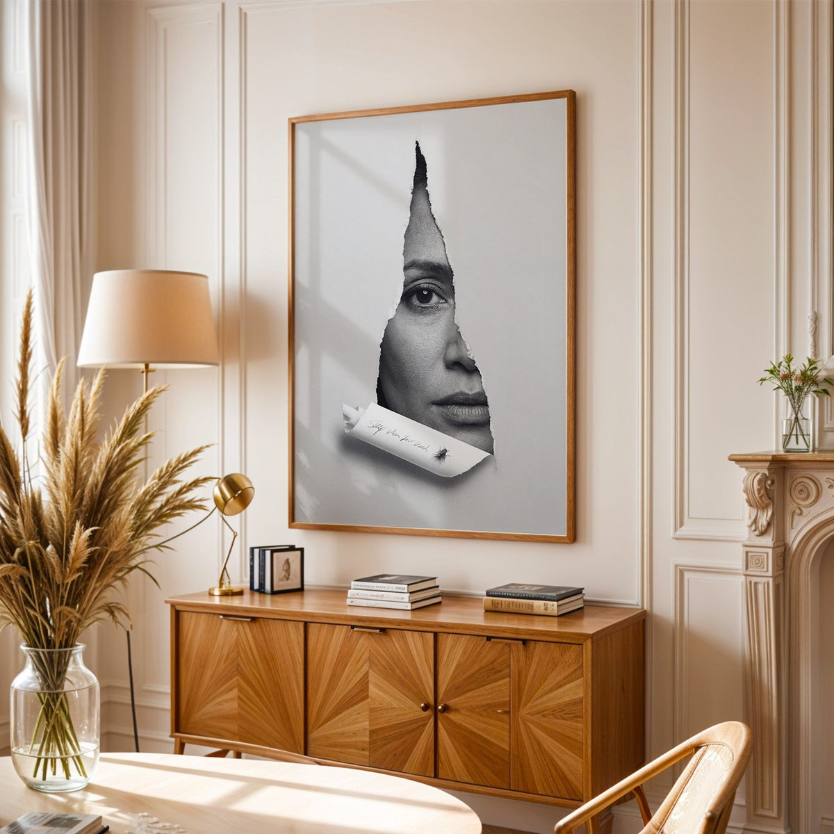 Half face behind torn grey paper slit print in an oak frame above a sunburst wood sideboard with pampas grass