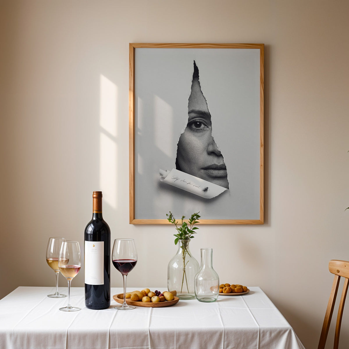 Half face behind torn grey paper slit print in an oak frame above a table set with red wine and glasses
