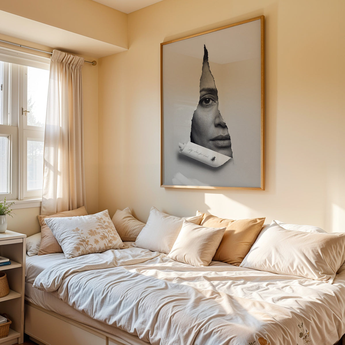 Half face behind torn grey paper slit print in an oak frame above a cream daybed in a sunny bedroom