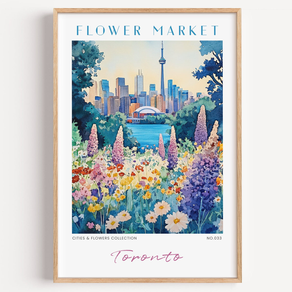 Toronto flower market print in a light oak frame on a plain white wall
