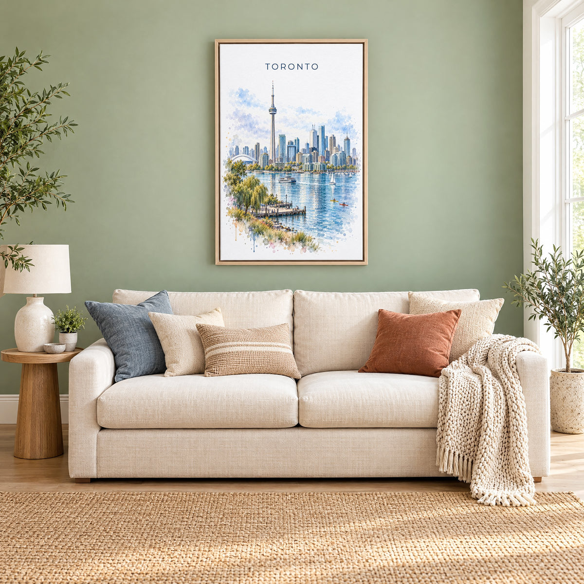 Toronto watercolor print as a natural floater canvas above a cream linen sofa on a sage green wall
