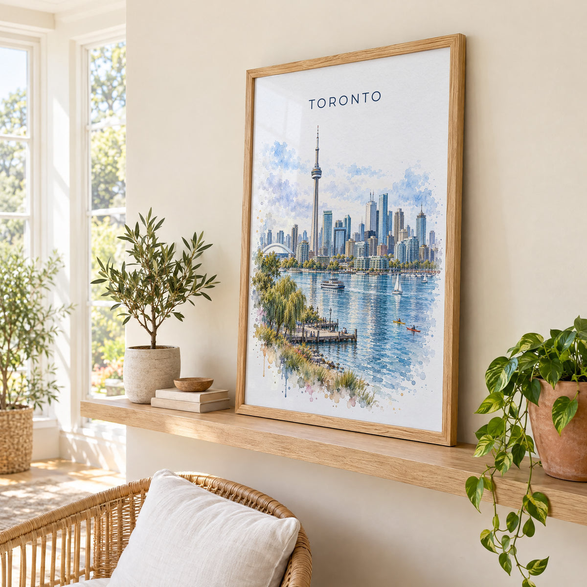 Toronto watercolor print in an oak frame on a picture ledge in a sunlit sunroom