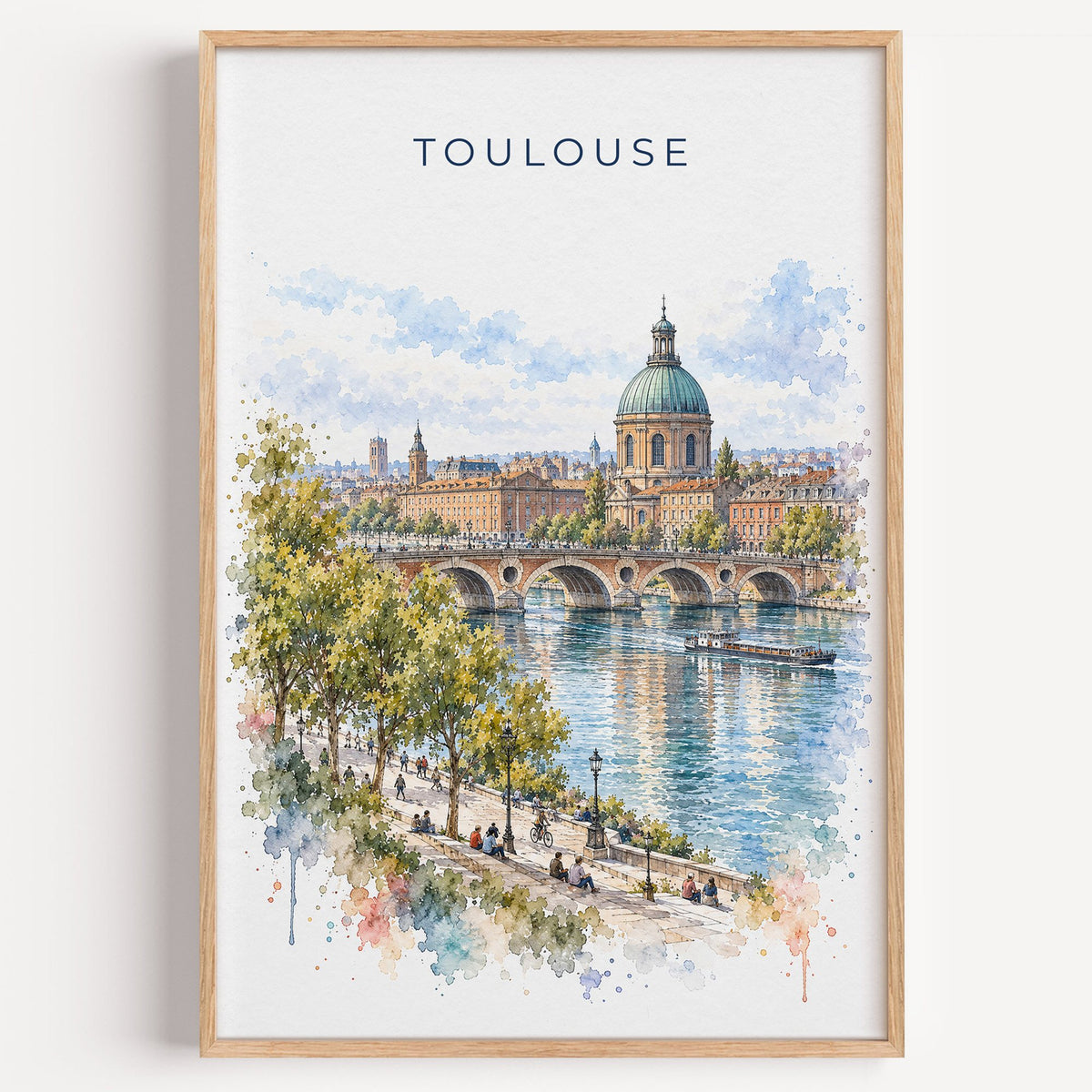 Toulouse watercolor print in a light oak frame on a plain white wall