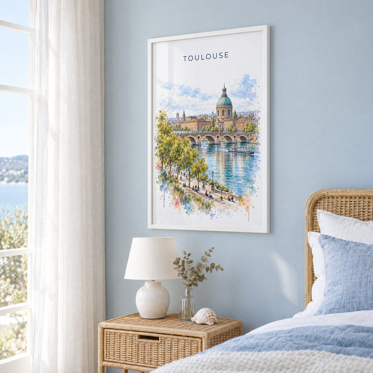 Toulouse watercolor print in a white frame on a pale blue wall beside a rattan bed in a coastal bedroom