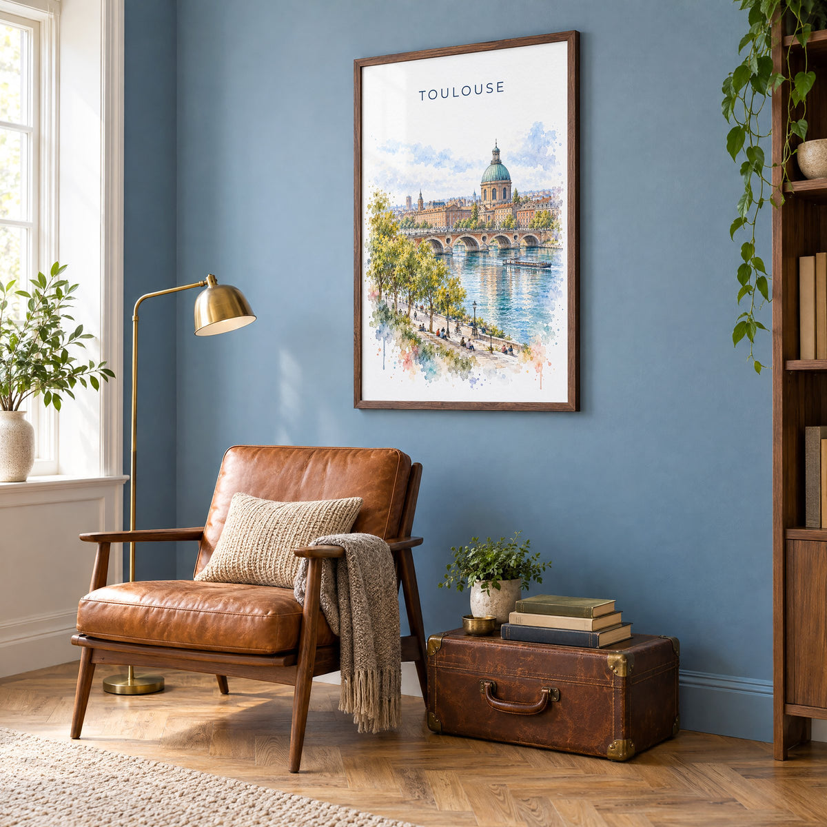 Toulouse watercolor print in a walnut frame on a blue wall above a leather armchair in a reading nook