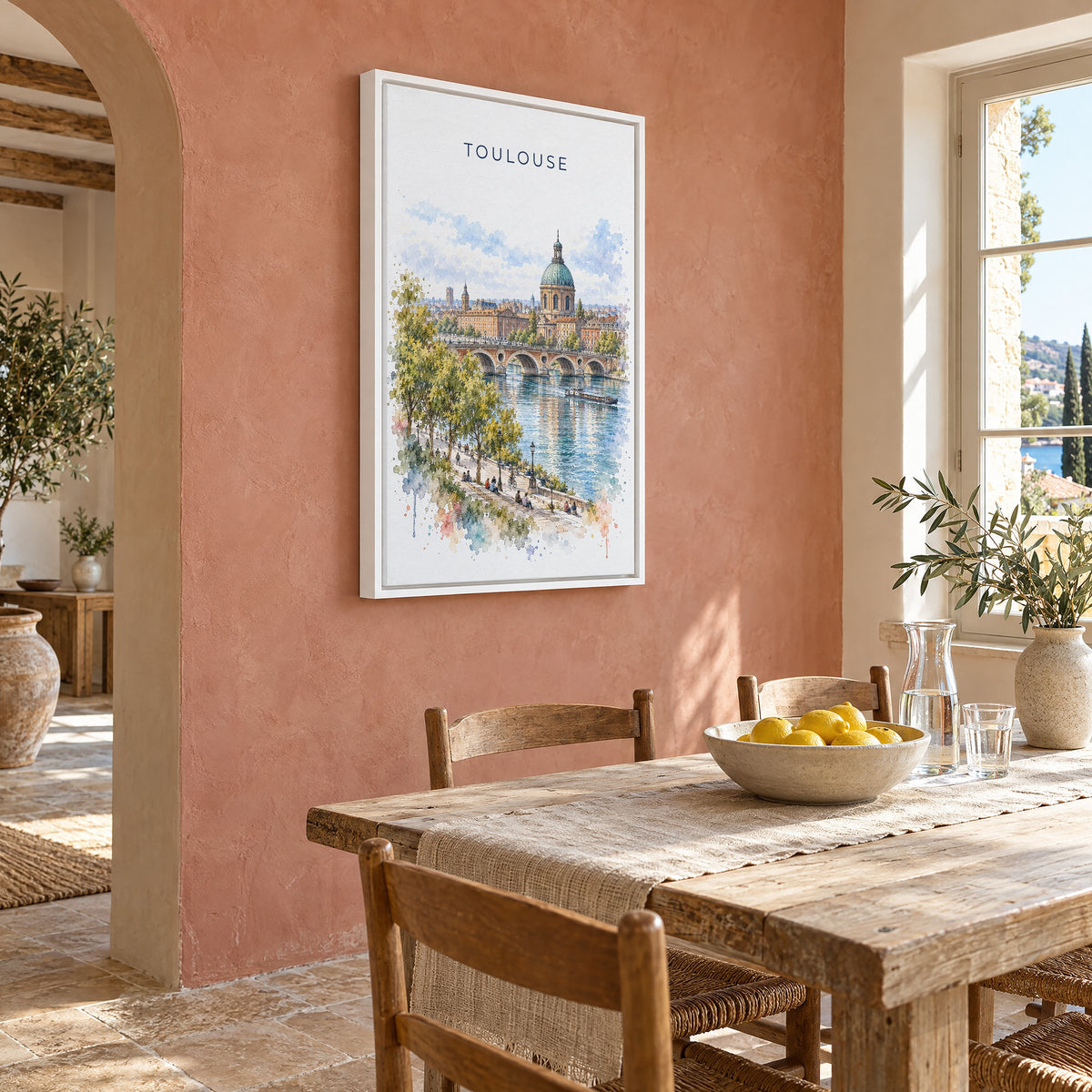 Toulouse watercolor print as a white floater canvas on a terracotta wall above a rustic dining table