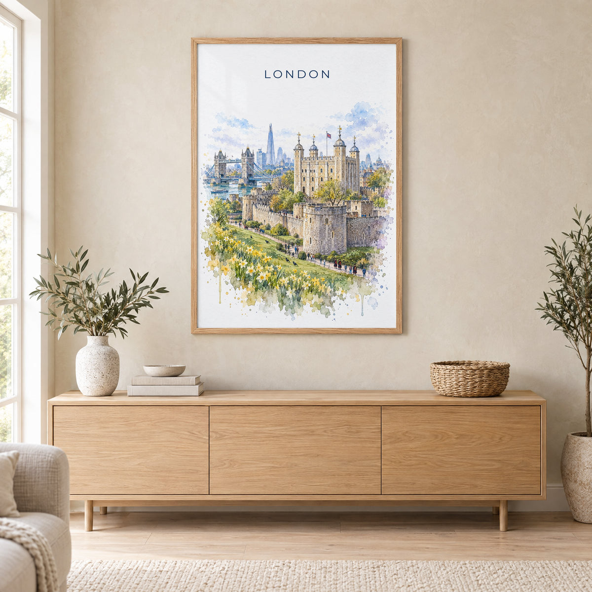 Tower of London watercolor print in an oak frame above a light wood sideboard in a Scandinavian living room