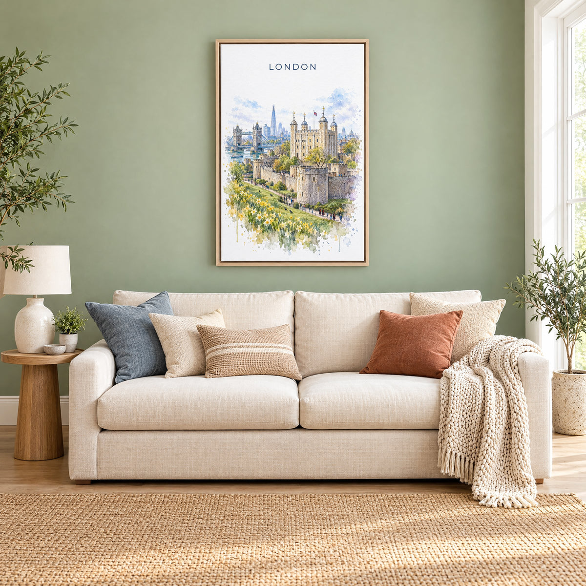 Tower of London watercolor print as a natural floater canvas above a cream linen sofa on a sage green wall