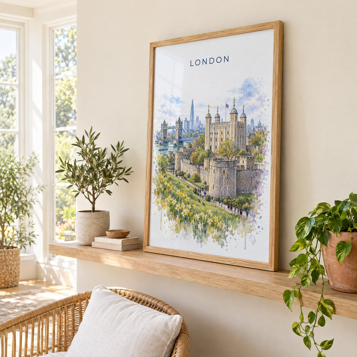 Tower of London watercolor print in an oak frame on a picture ledge in a sunlit sunroom