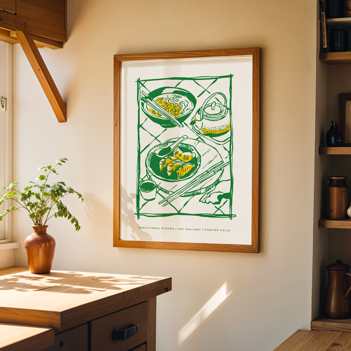 Traditional Dinner table print in a walnut frame on a cream kitchen wall