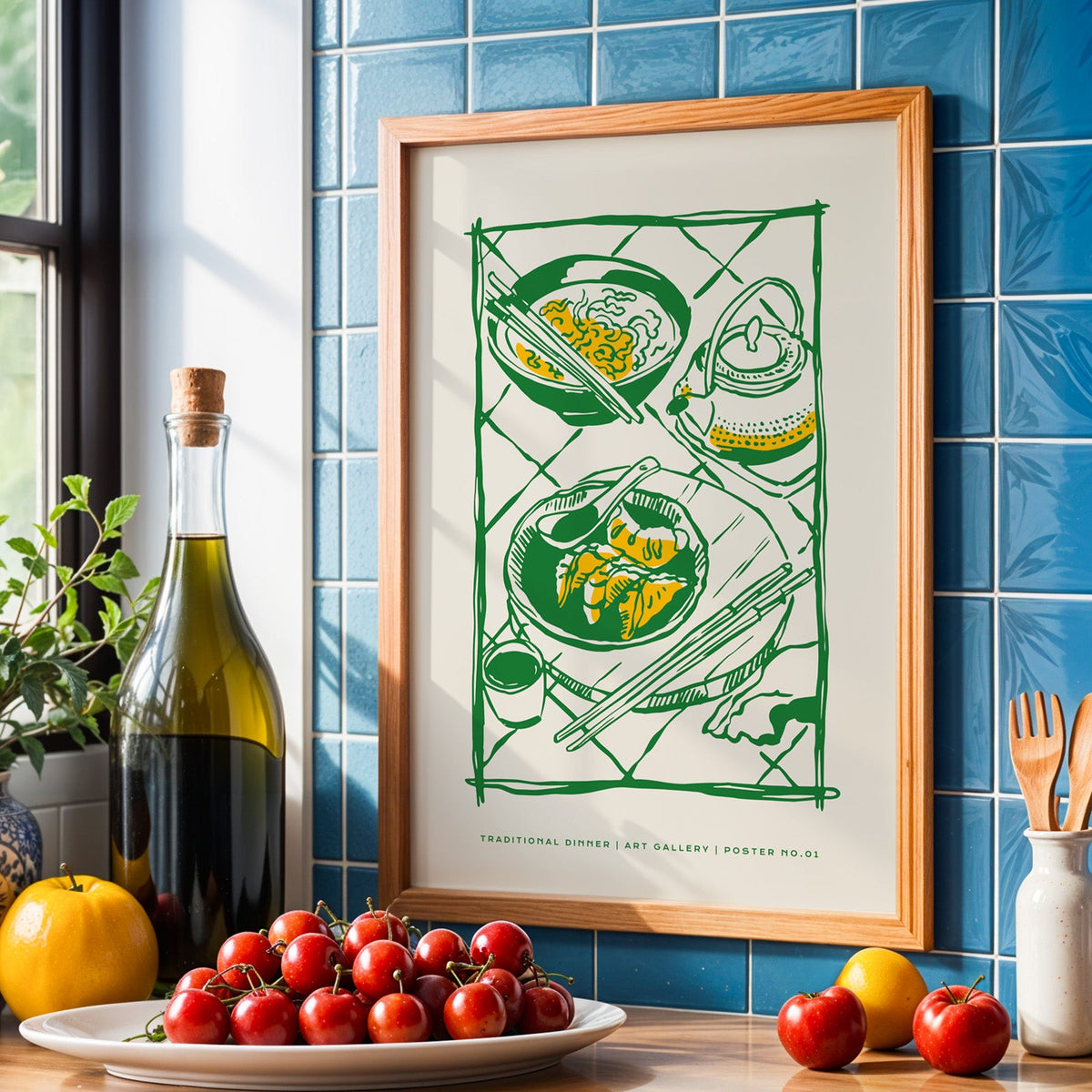Traditional Dinner table print in an oak frame against blue tiles with olive oil