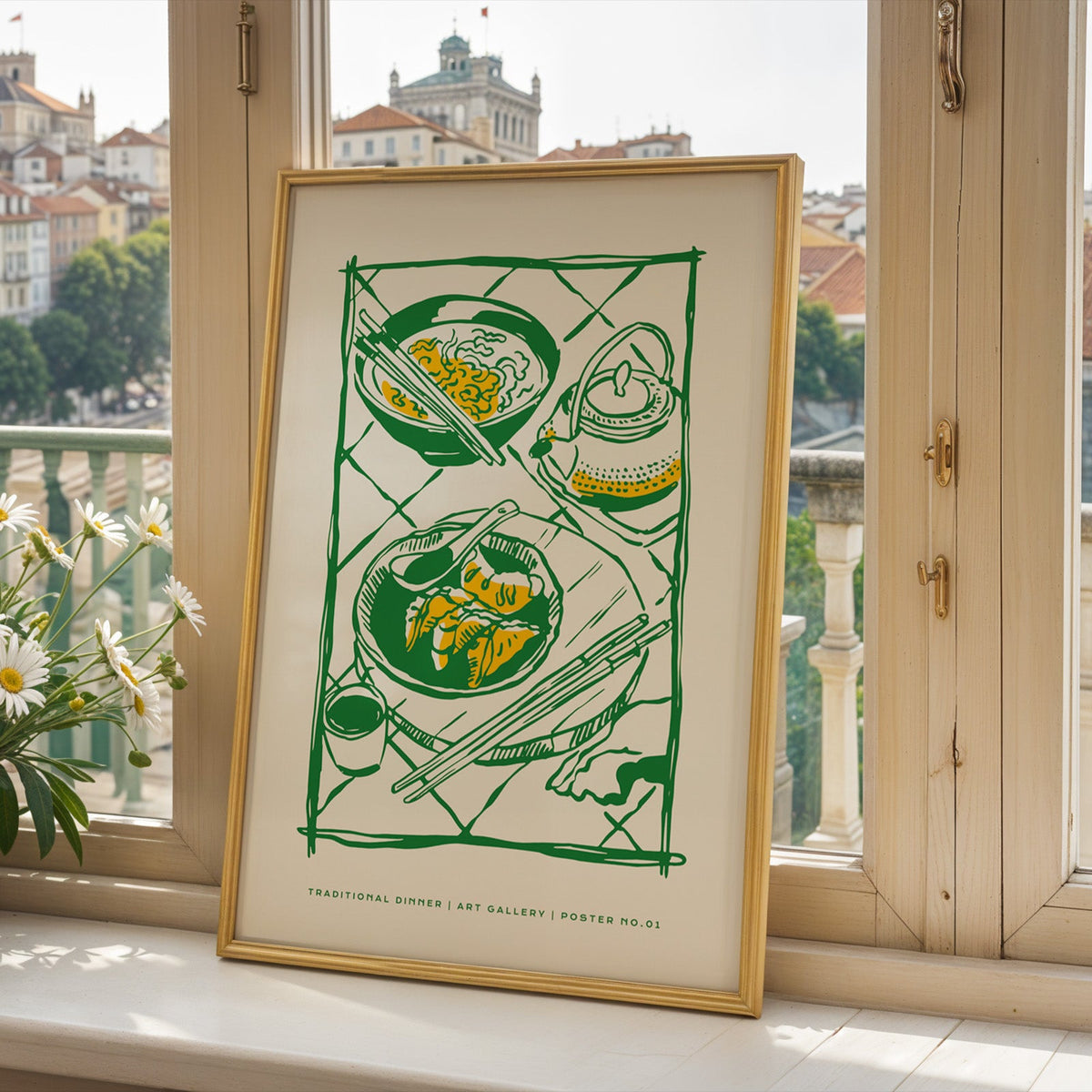 Traditional Dinner table print in a gold frame on a window sill above a hillside town