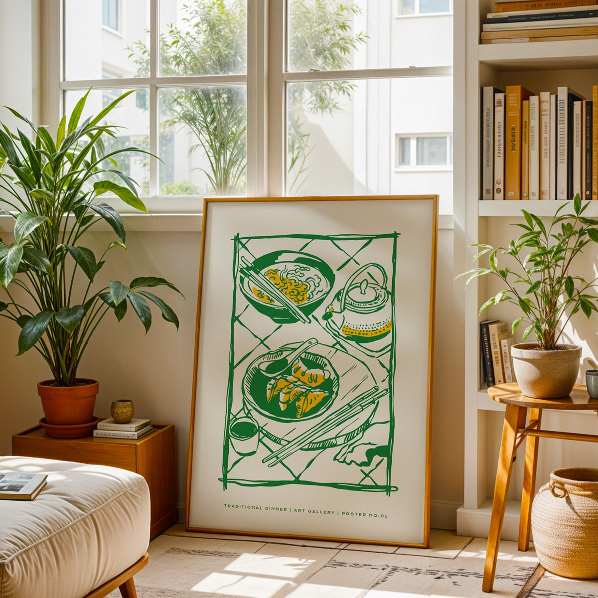 Traditional Dinner table print in a brass frame resting on a berber rug