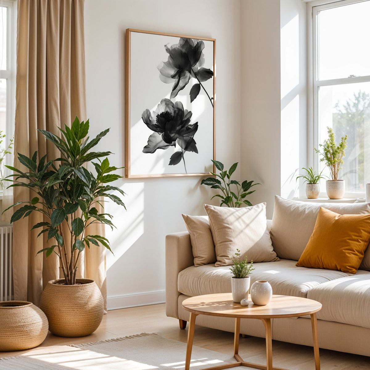 Two translucent X-ray flowers on white print in an oak frame above a cream sofa beside woven planters
