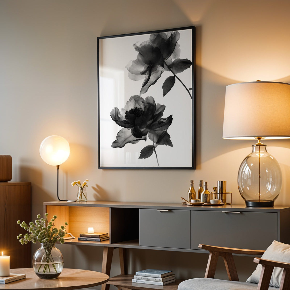 Two translucent X-ray flowers on white print in a black frame above a grey media console with a glass table lamp