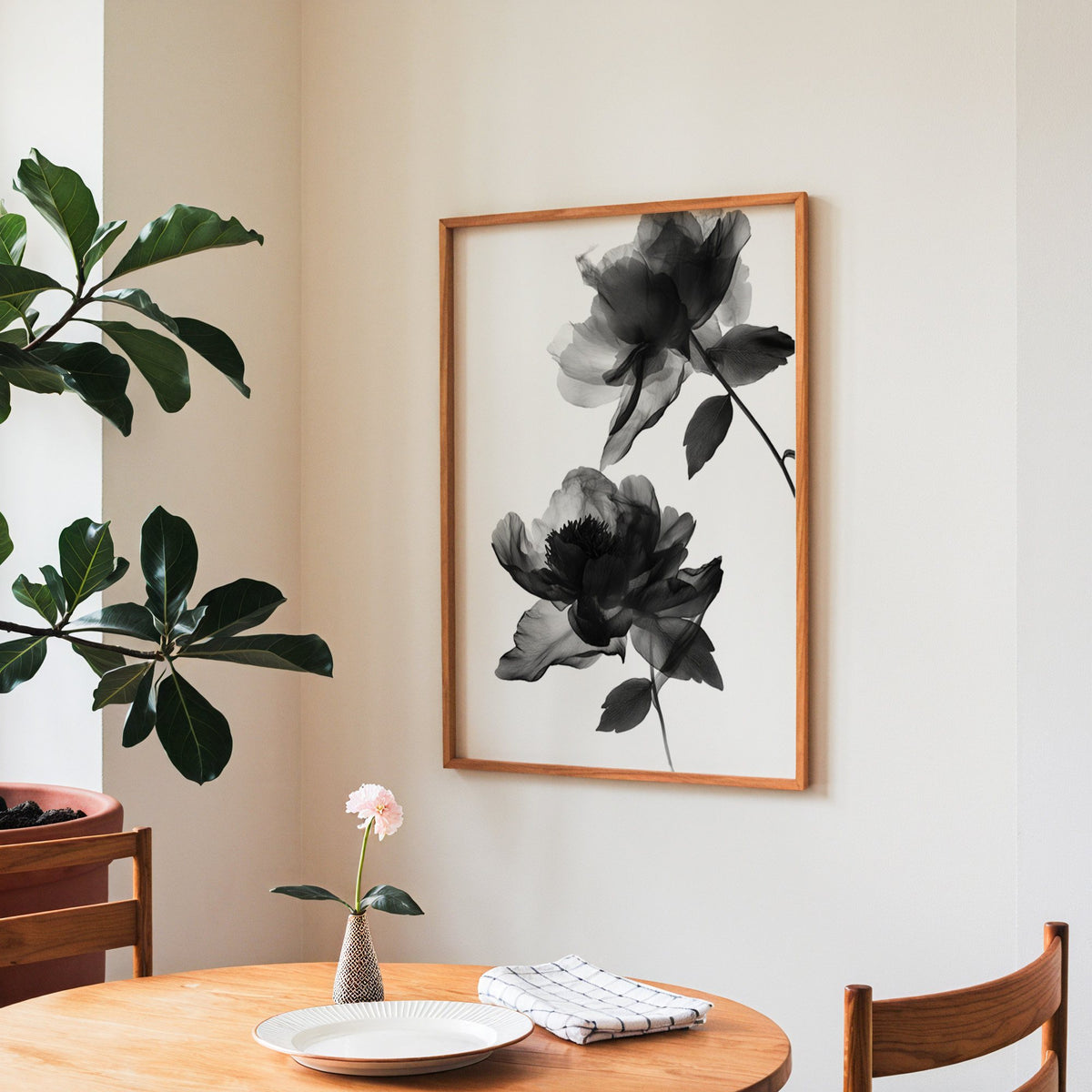 Two translucent X-ray flowers on white print in a teak frame above a round wooden dining table