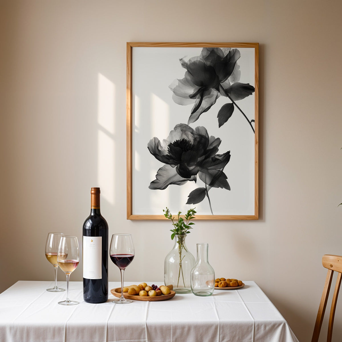Two translucent X-ray flowers on white print in an oak frame above a table set with red wine and glasses