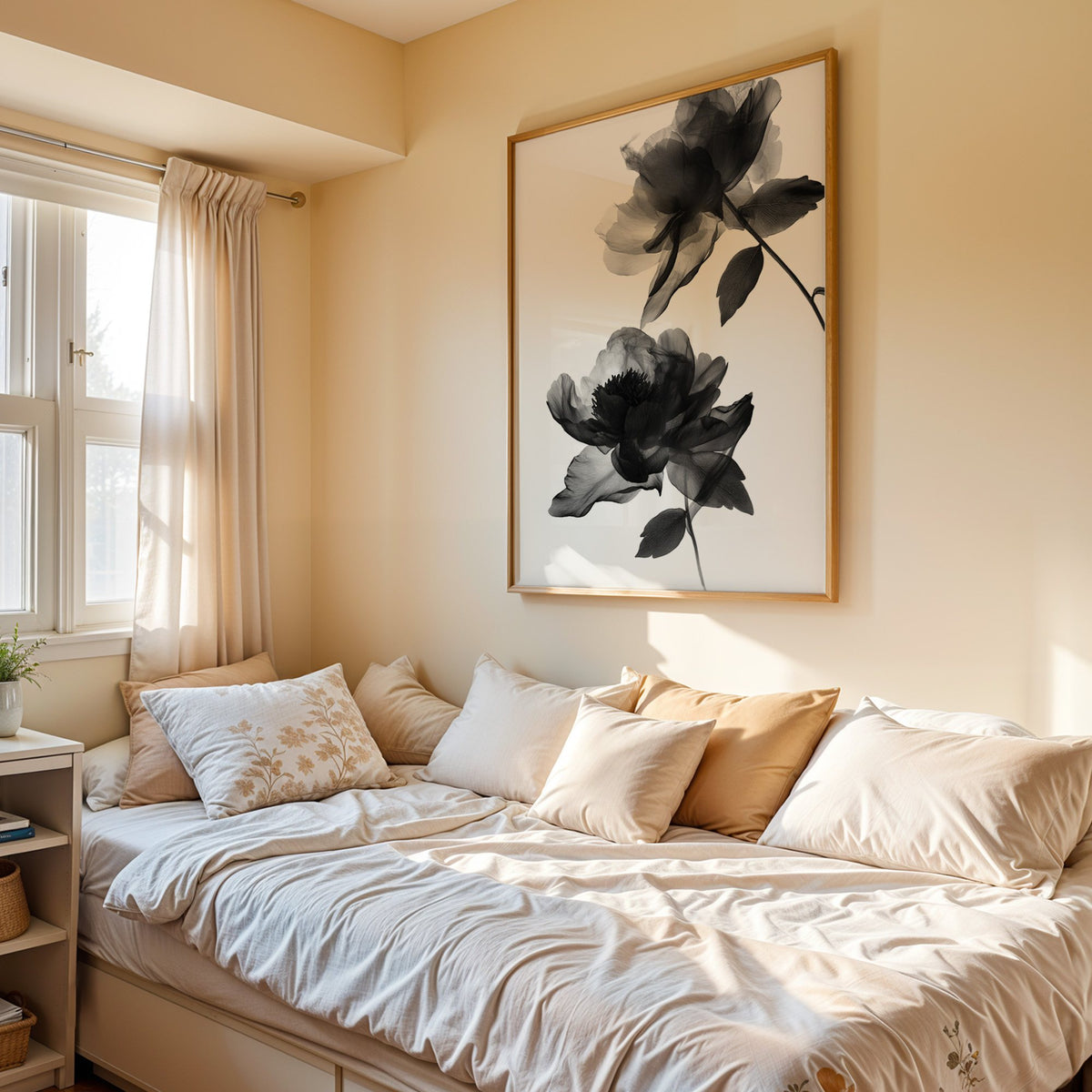 Two translucent X-ray flowers on white print in an oak frame above a cream daybed in a sunny bedroom