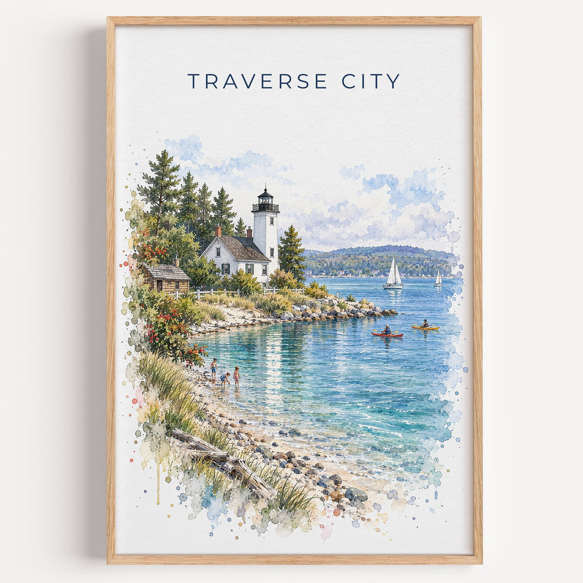 Traverse City watercolor print in a light oak frame on a plain white wall
