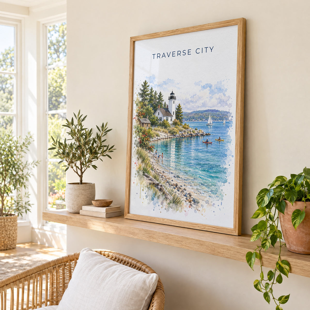 Traverse City watercolor print in an oak frame on a picture ledge in a sunlit sunroom