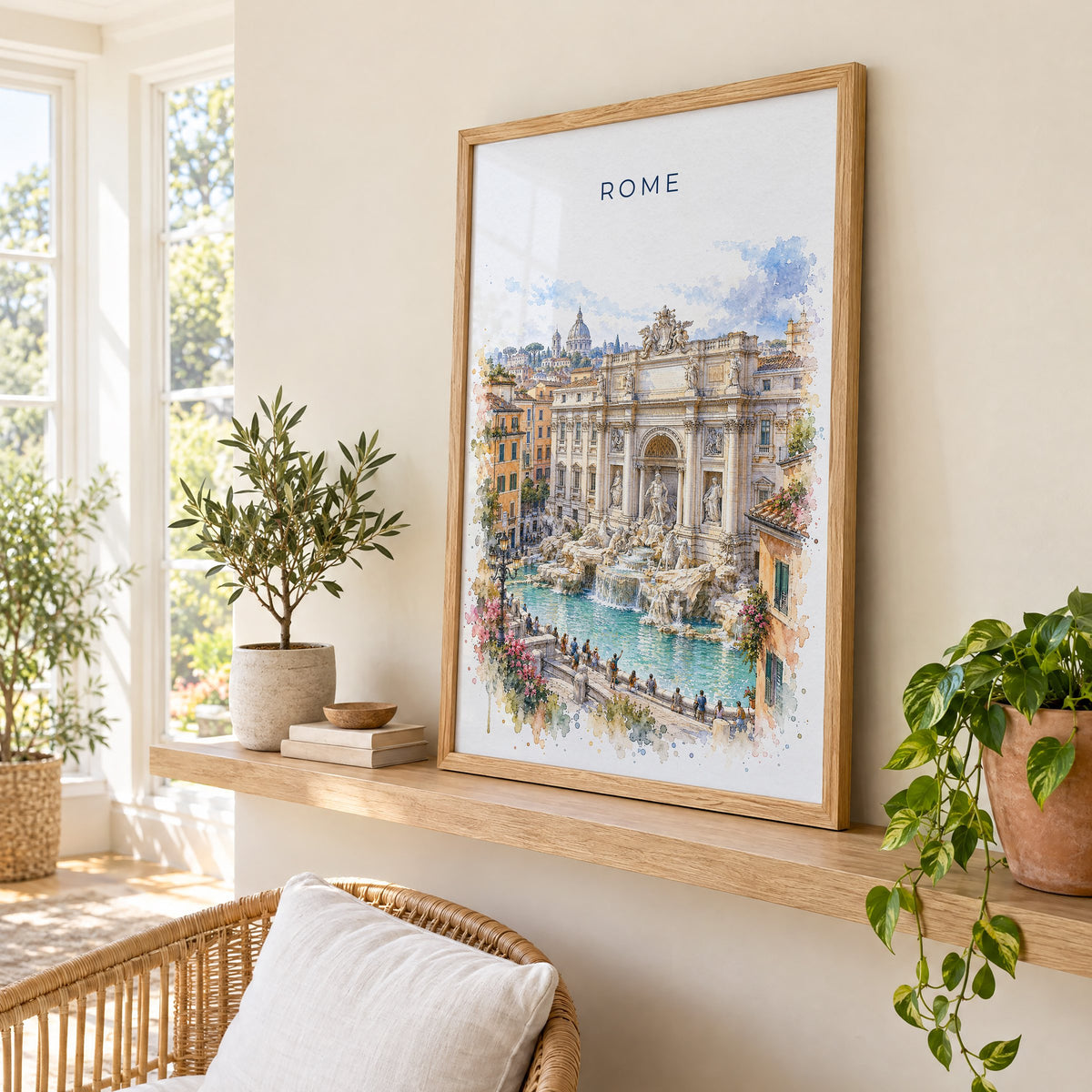 Trevi Fountain watercolor print in an oak frame on a picture ledge in a sunlit sunroom