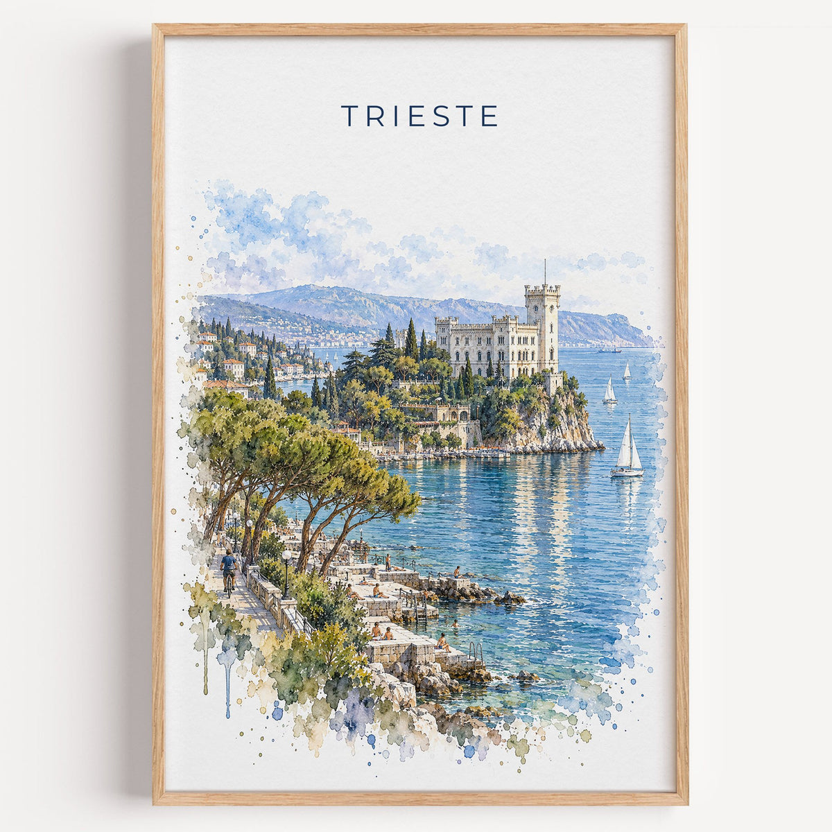 Trieste watercolor print in a light oak frame on a plain white wall