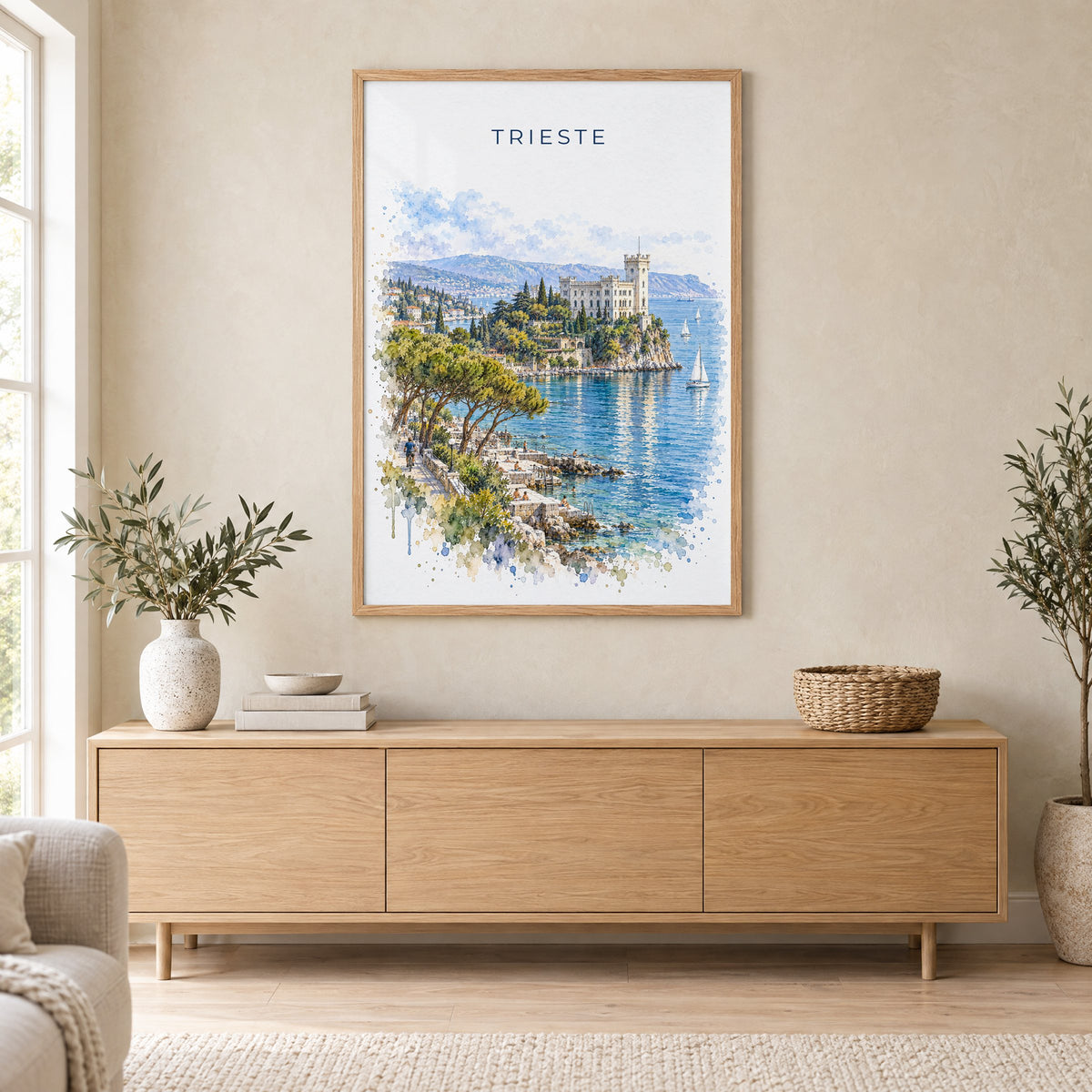 Trieste watercolor print in an oak frame above a light wood sideboard in a Scandinavian living room