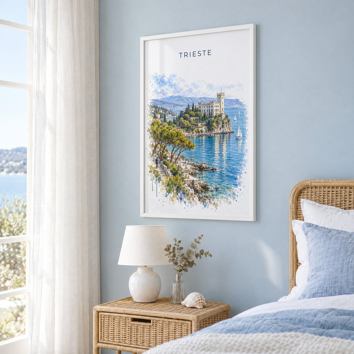 Trieste watercolor print in a white frame on a pale blue wall beside a rattan bed in a coastal bedroom