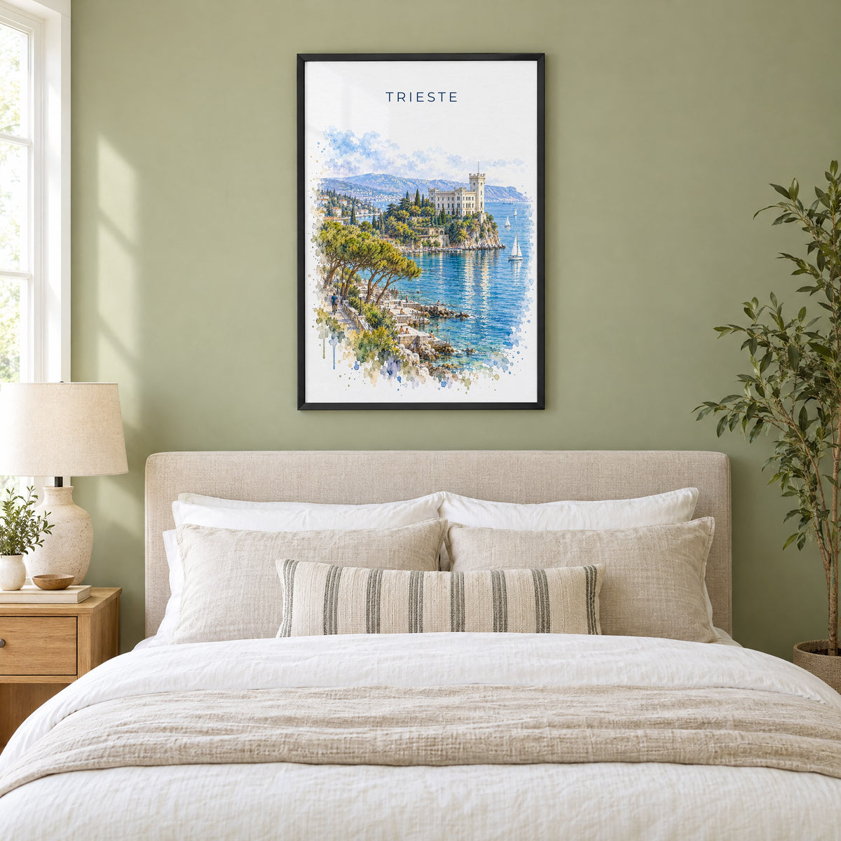 Trieste watercolor print in a black frame above an upholstered headboard in a sage green bedroom