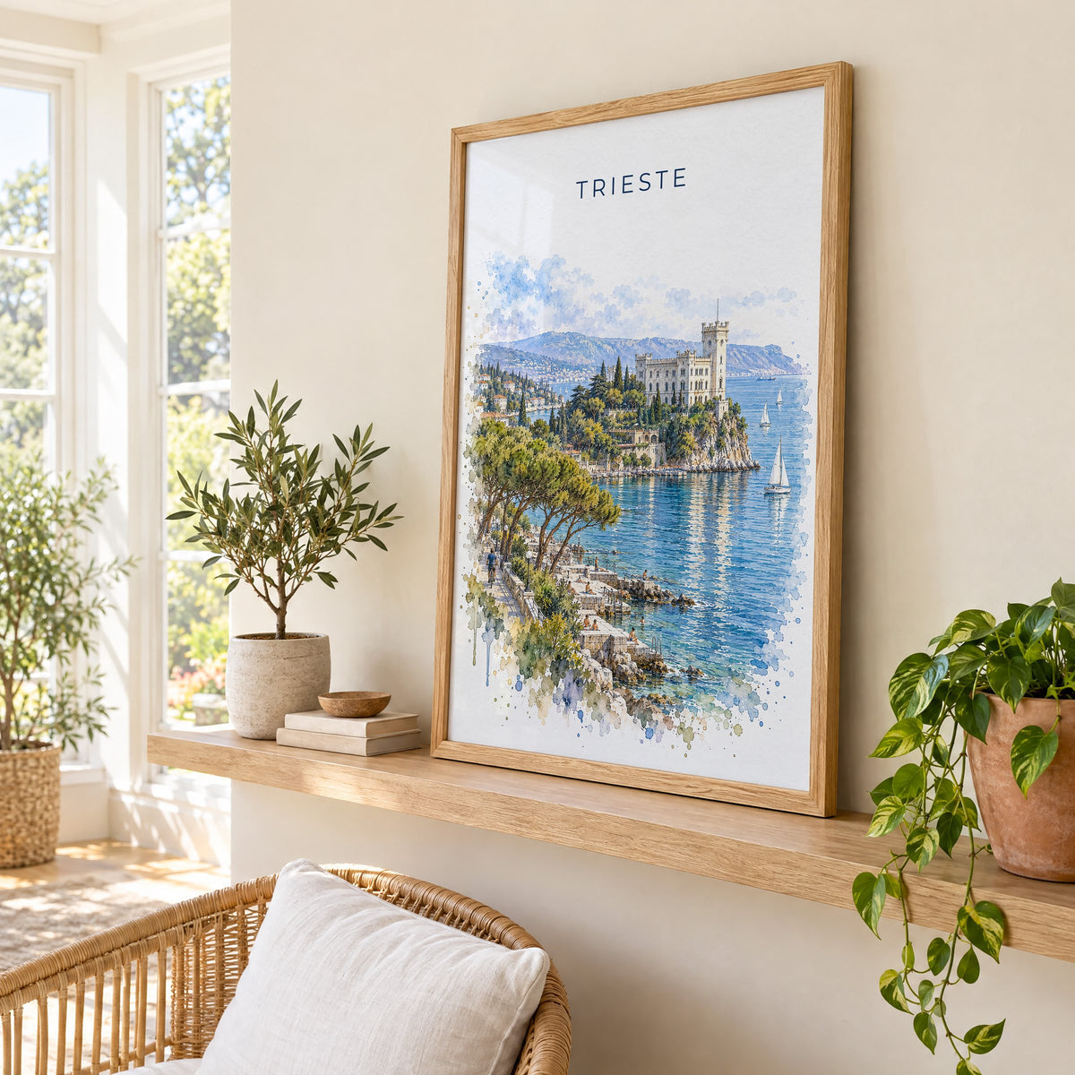 Trieste watercolor print in an oak frame on a picture ledge in a sunlit sunroom
