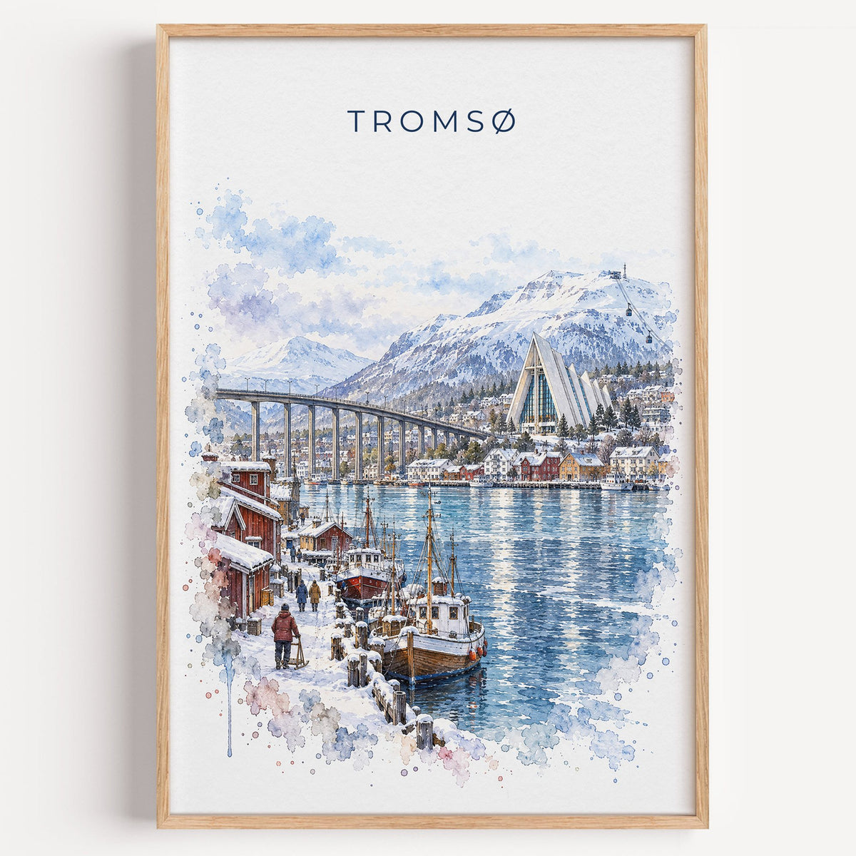 Tromsø, Norway watercolor print in a light oak frame on a plain white wall