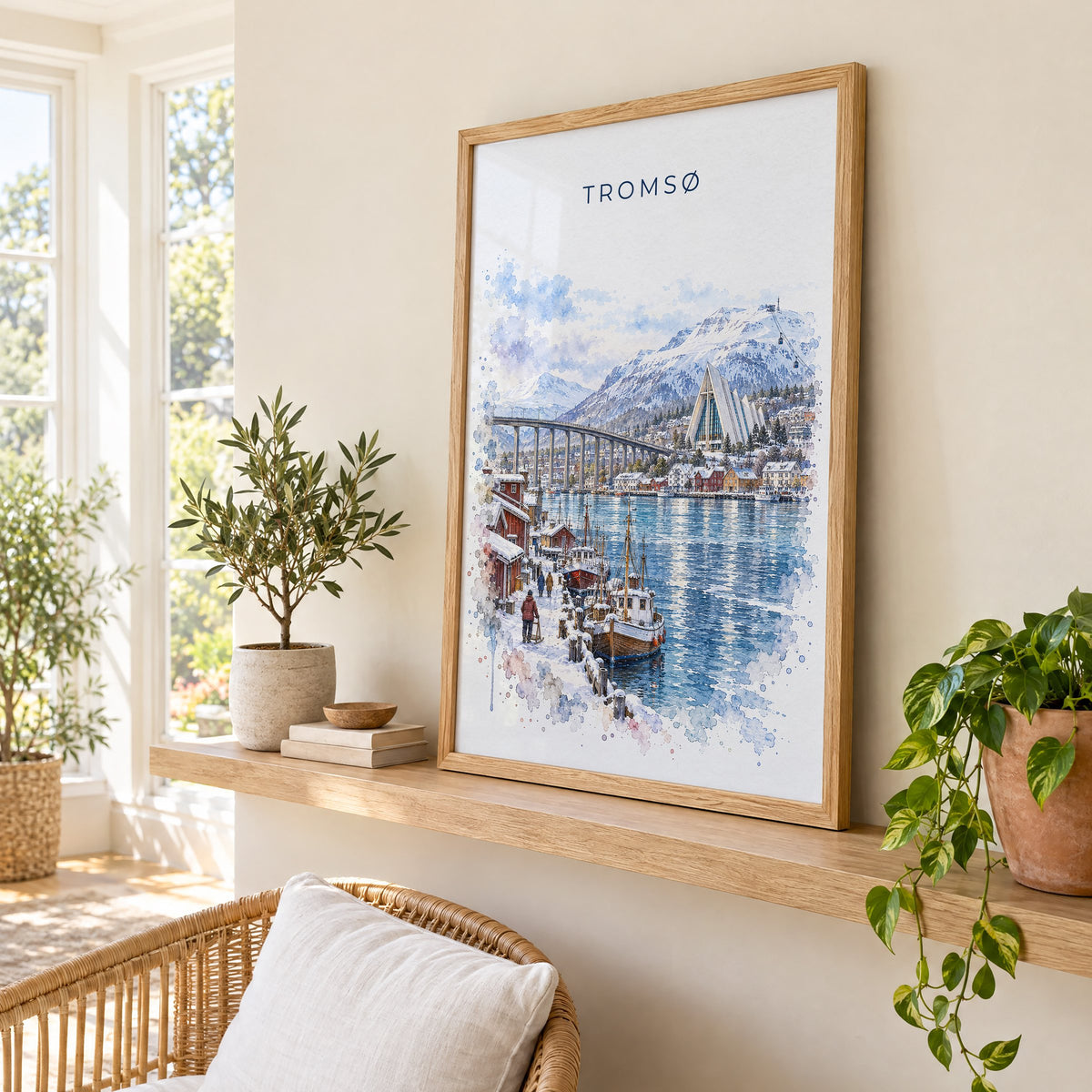 Tromsø, Norway watercolor print in an oak frame on a picture ledge in a sunlit sunroom