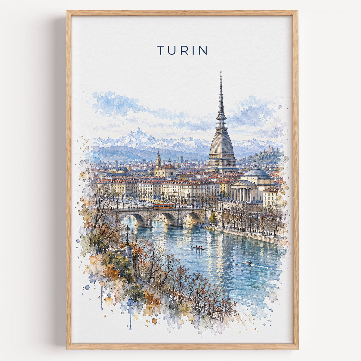 Turin watercolor print in a light oak frame on a plain white wall