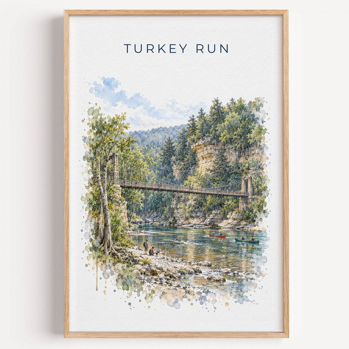Turkey Run State Park watercolor print in a light oak frame on a plain white wall