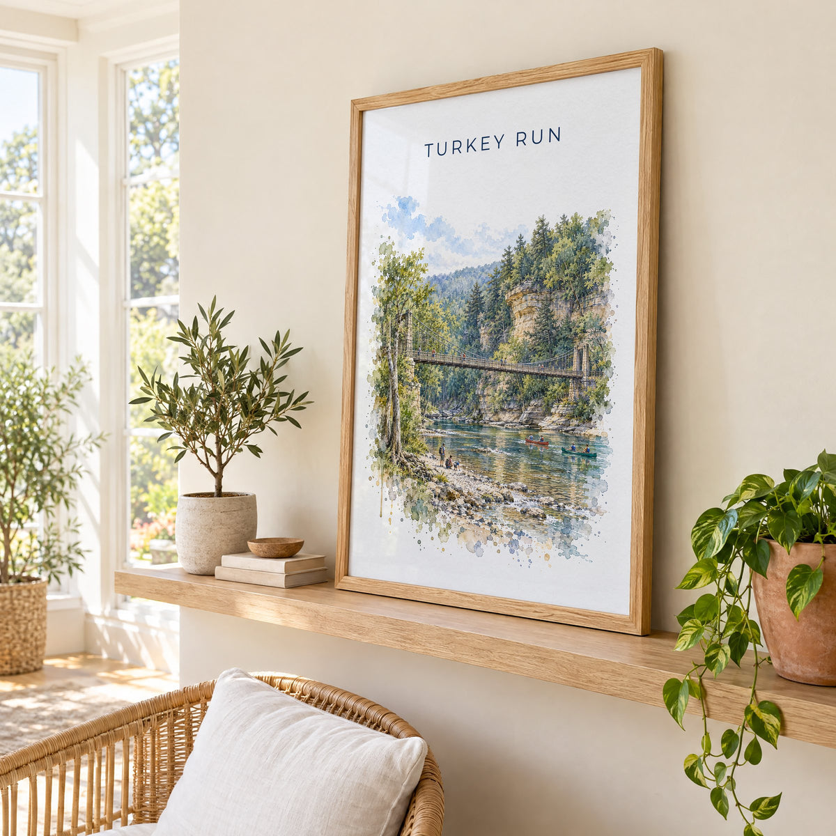 Turkey Run State Park watercolor print in an oak frame on a picture ledge in a sunlit sunroom