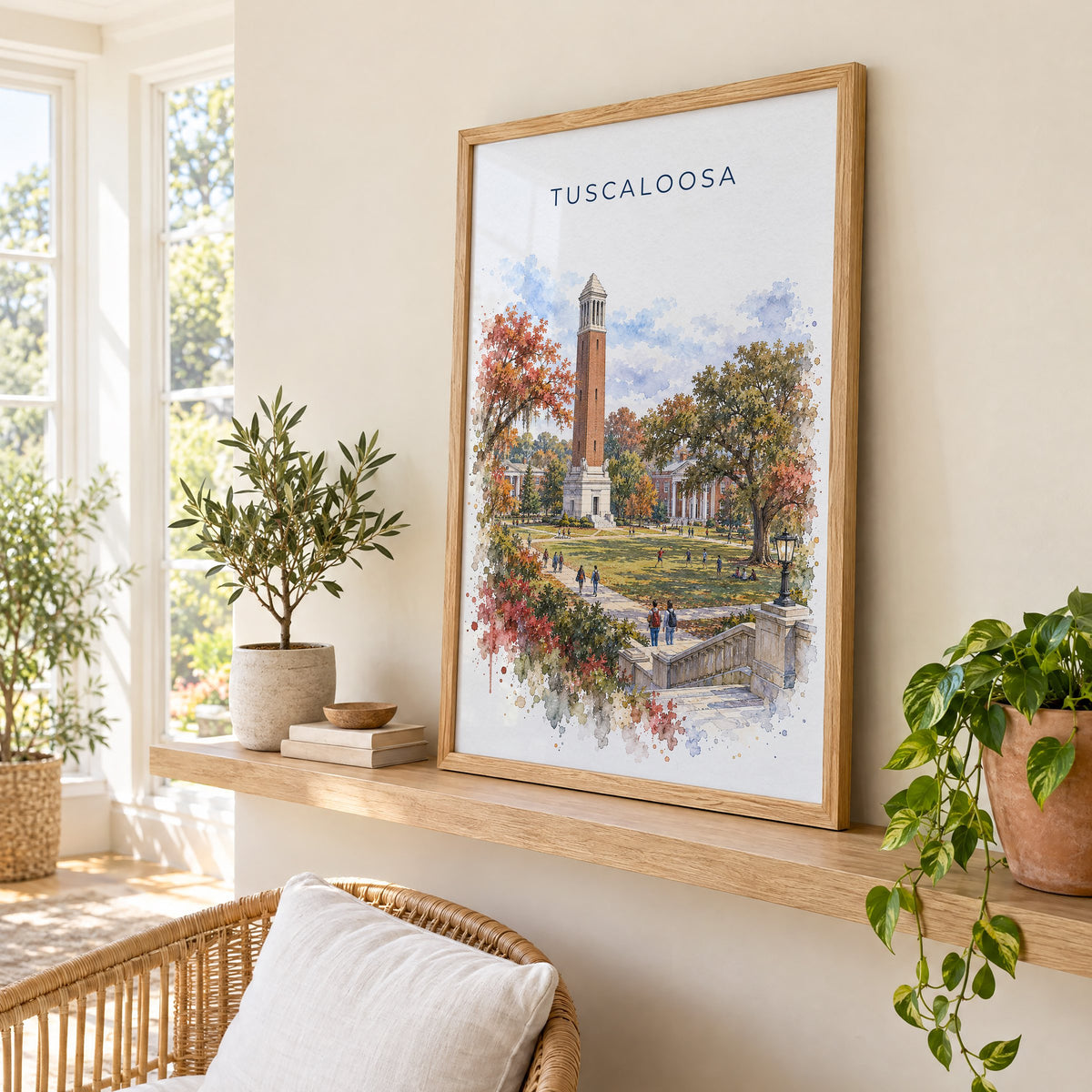 Tuscaloosa watercolor print in an oak frame on a picture ledge in a sunlit sunroom