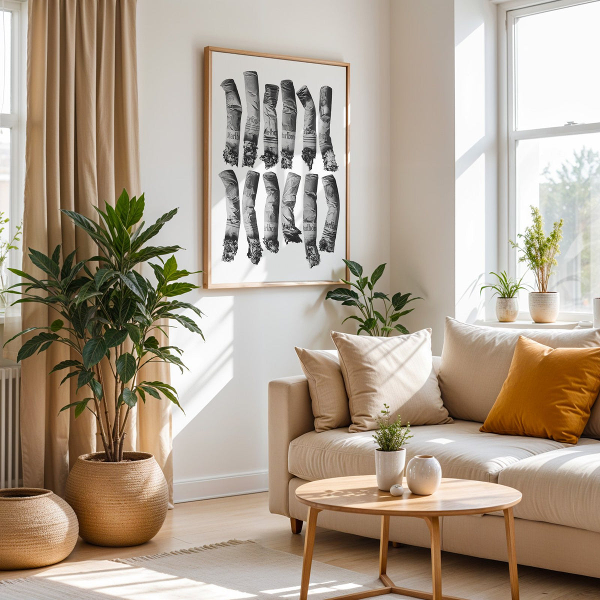Twelve crushed cigarette ends in two rows print in an oak frame above a cream sofa beside woven planters