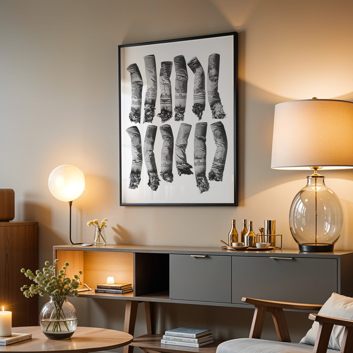 Twelve crushed cigarette ends in two rows print in a black frame above a grey media console with a glass table lamp