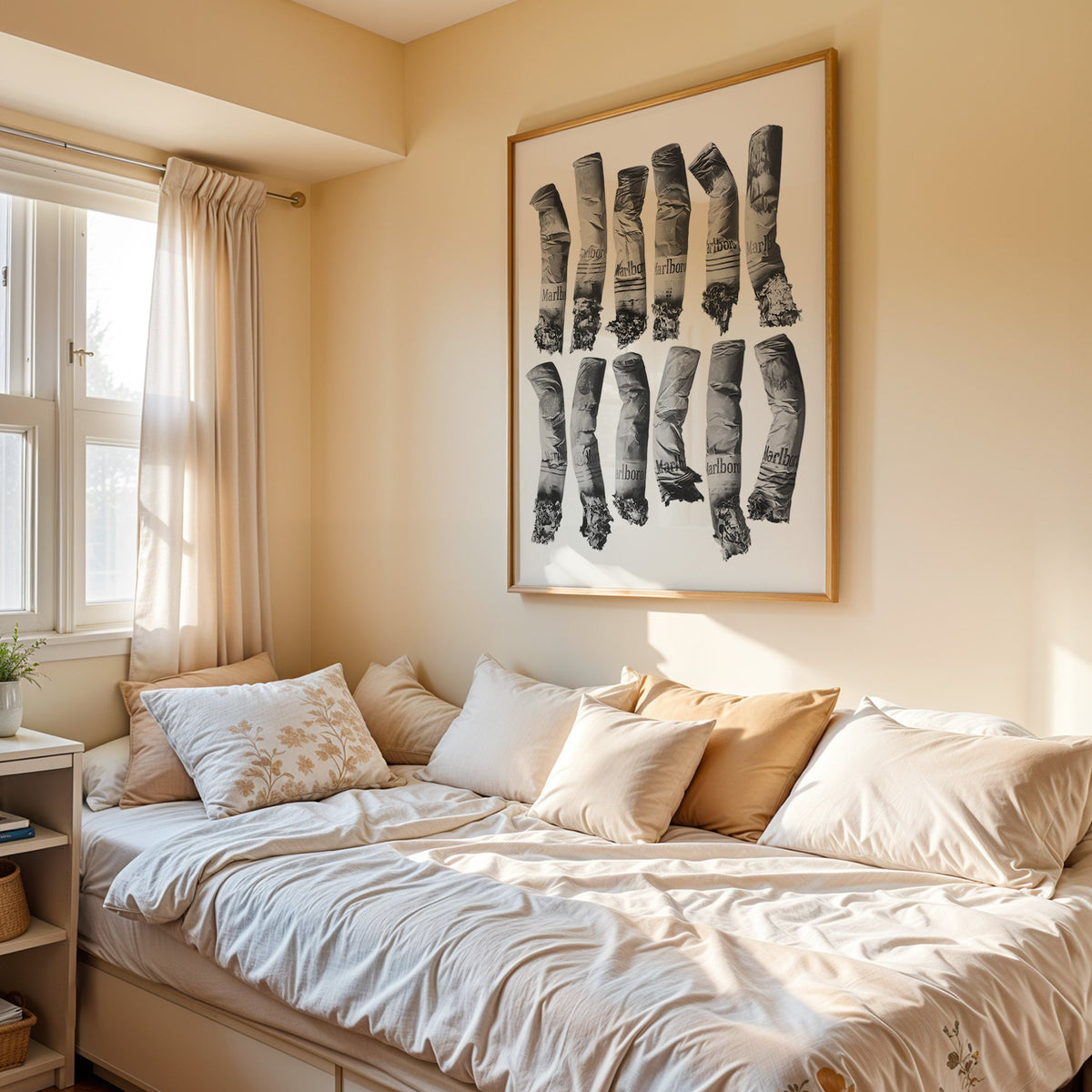 Twelve crushed cigarette ends in two rows print in an oak frame above a cream daybed in a sunny bedroom