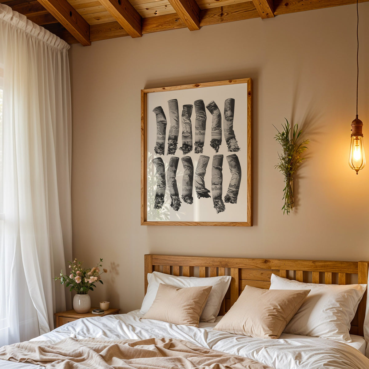 Twelve crushed cigarette ends in two rows print in a pine frame above a wood headboard bed under a pendant bulb