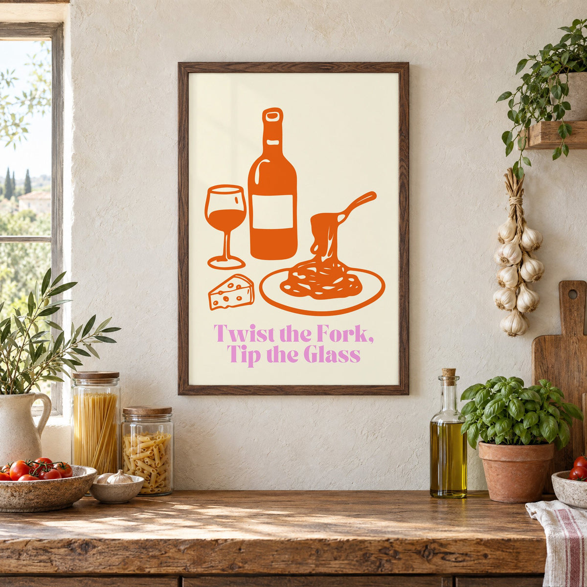 Twist the Fork, Tip the Glass wine and pasta print in a walnut frame above a rustic Italian pantry counter with pasta jars, garlic and tomatoes