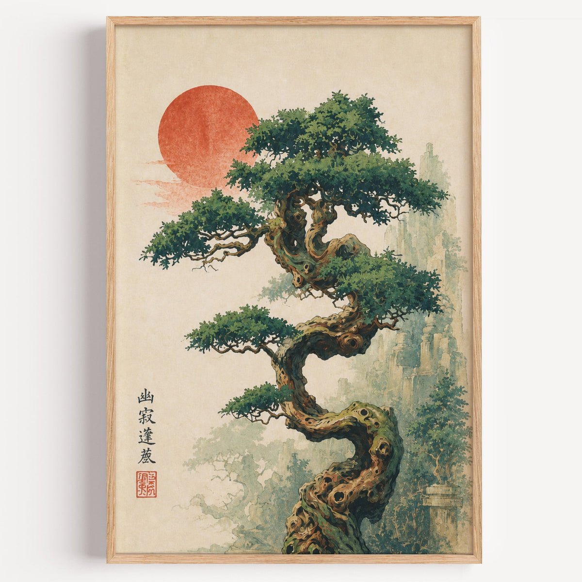 twisted bonsai tree with red sun print in a light oak frame on a plain white wall