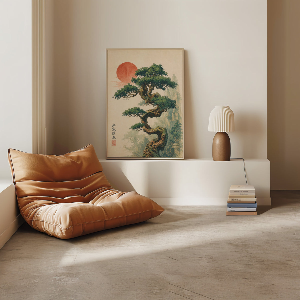 twisted bonsai tree with red sun print in a light oak frame on a white ledge by a tan leather floor chair
