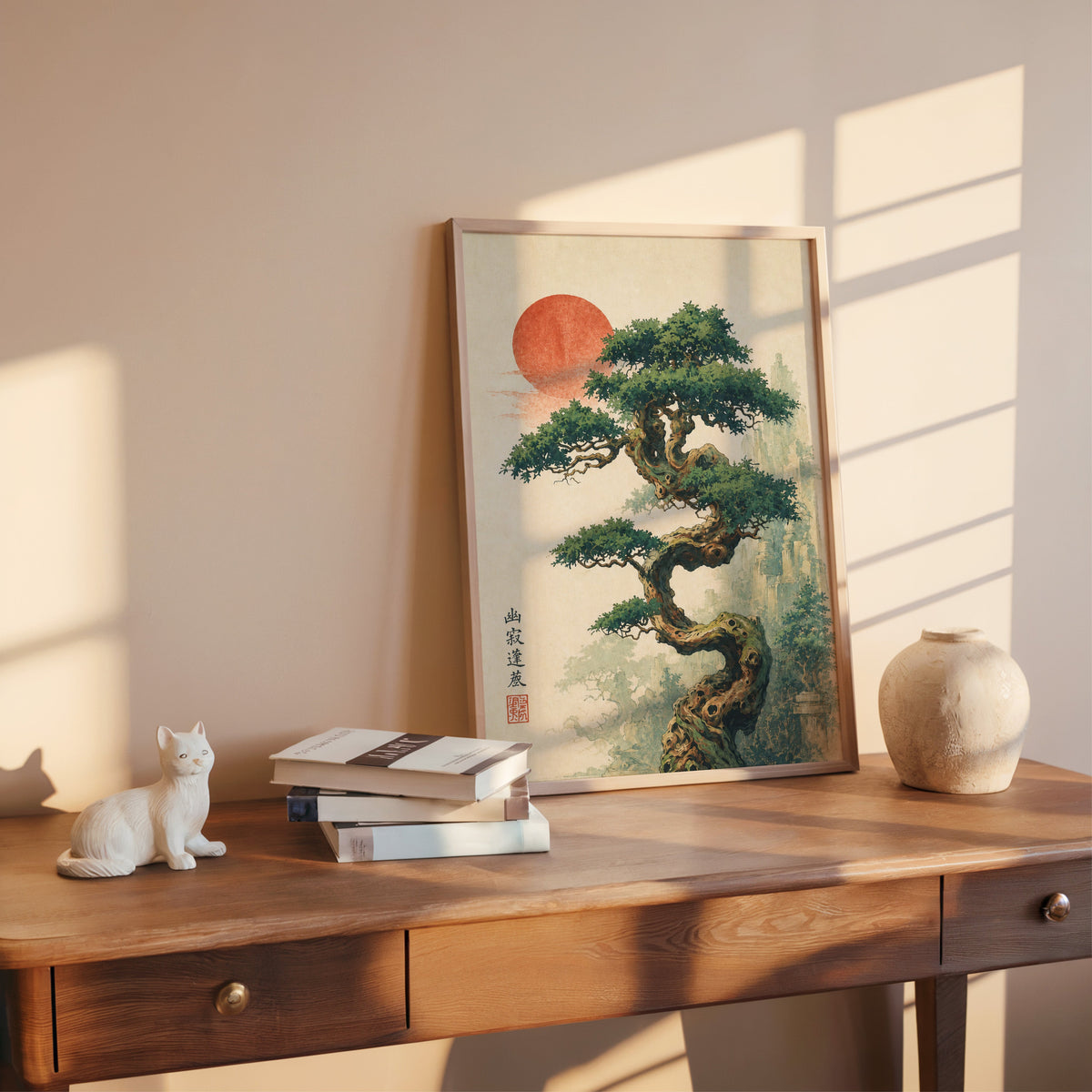 twisted bonsai tree with red sun print shown in a rose gold frame leaning on a wooden writing desk with books