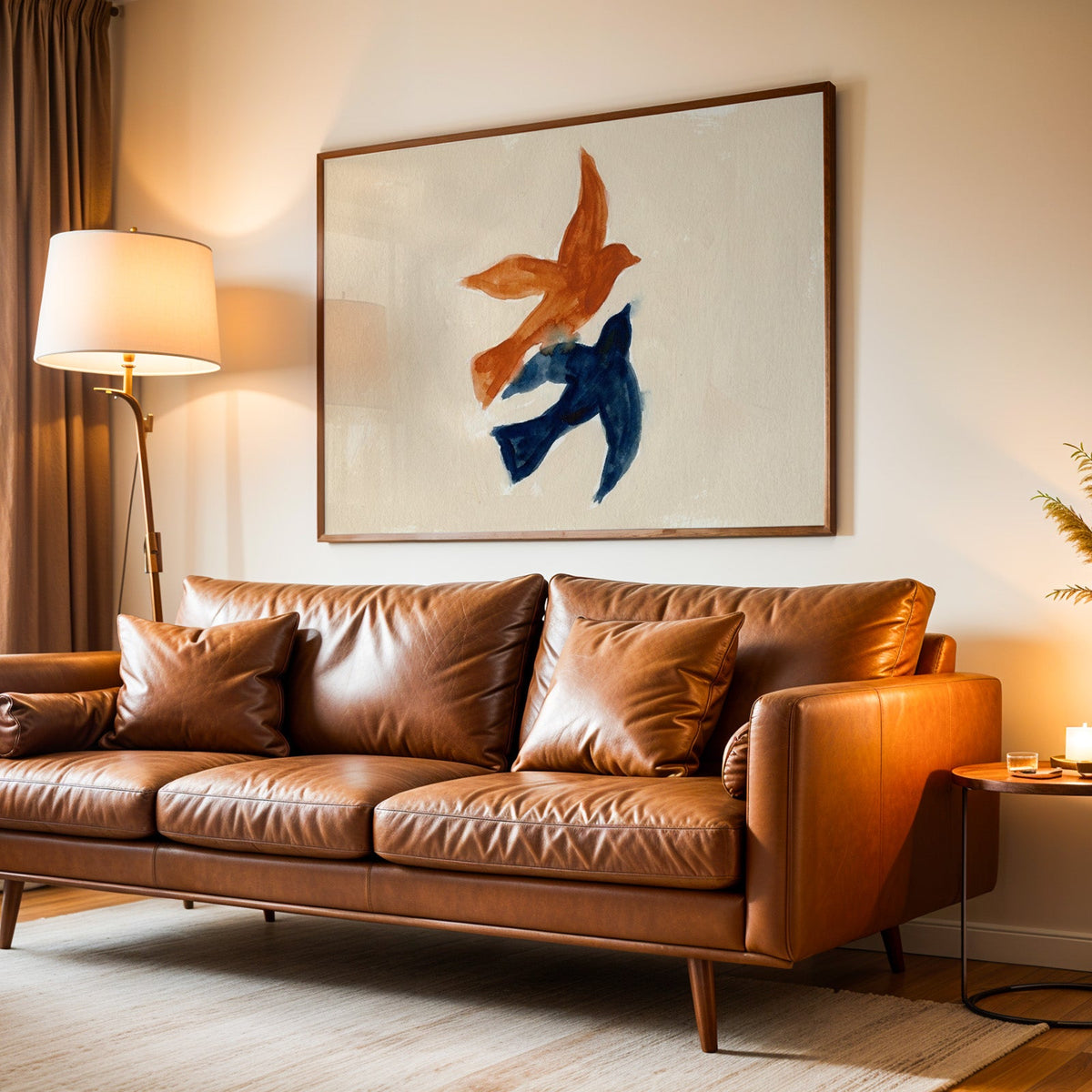 Watercolor birds wall art print in a walnut frame above a leather sofa by lamplight