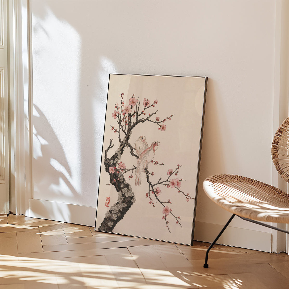 two birds on pink blossom branch print in a black frame leaning on a herringbone floor beside a woven rattan chair