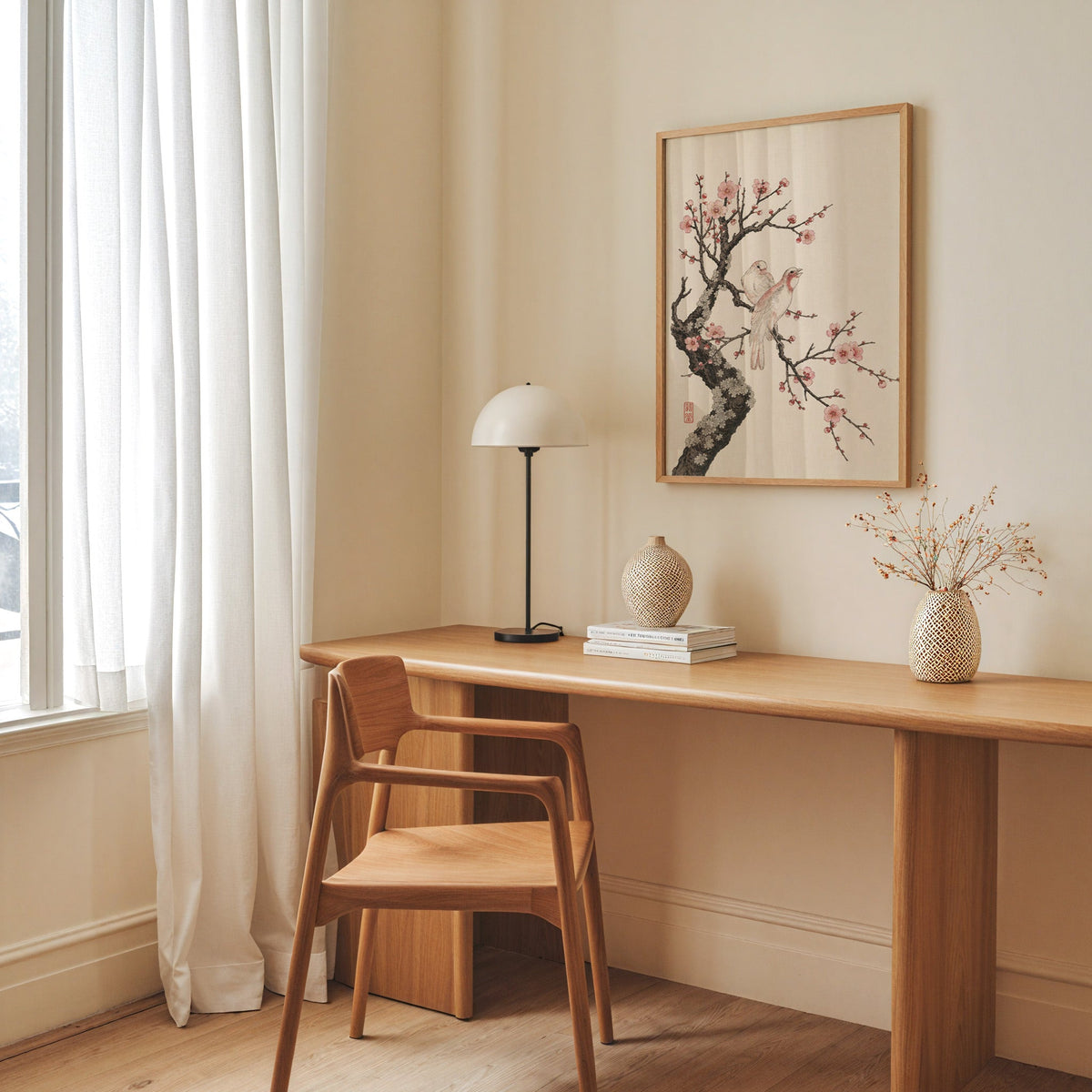 two birds on pink blossom branch print in an oak frame above a long oak desk with a white dome lamp and woven vases
