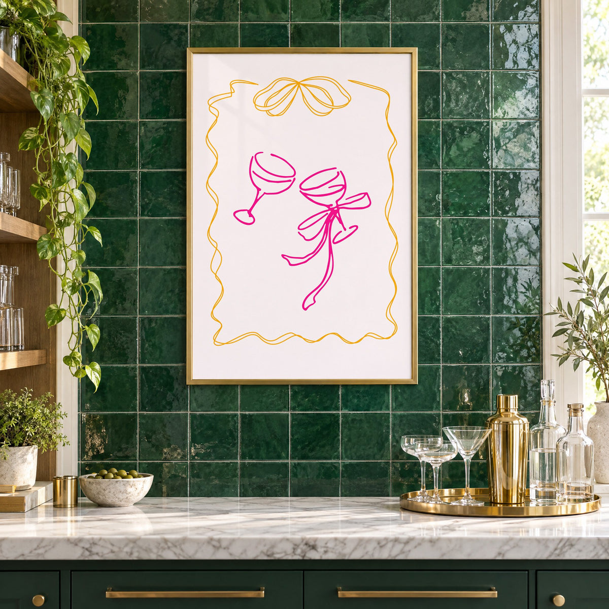 Two coupes pink bow ribbon frame print in a brass frame on emerald green tiles above a home bar with coupe glasses