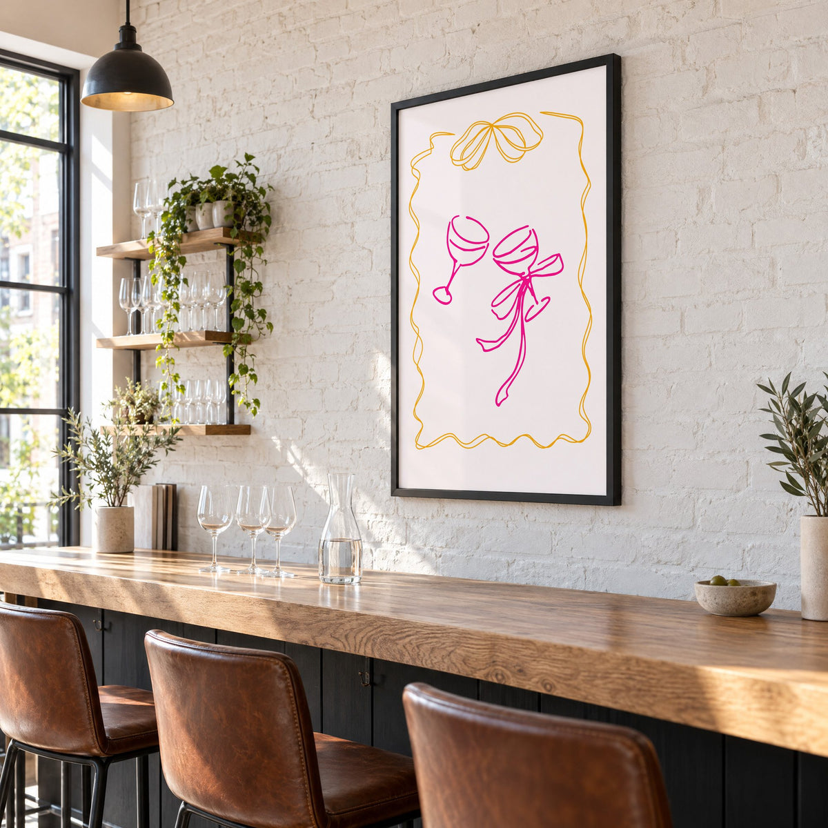 Two coupes pink bow ribbon frame print in a black frame on a white brick wall above a wine bar counter